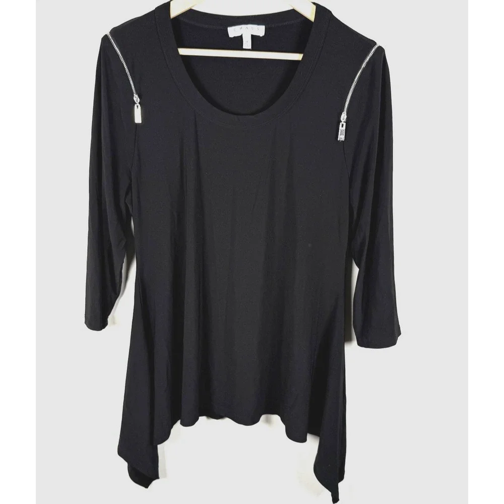 CHAUS NY BLACK ZIPPERED SHOULDERS TUNIC BLOUSE‎ SZ XL CAREER ACADEMIA